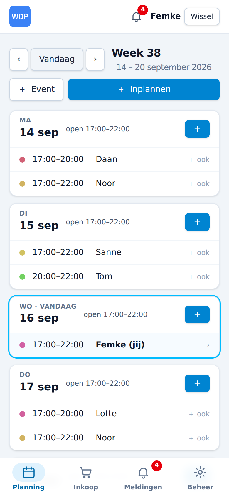 Daglijst met de diensten van deze week op de telefoon