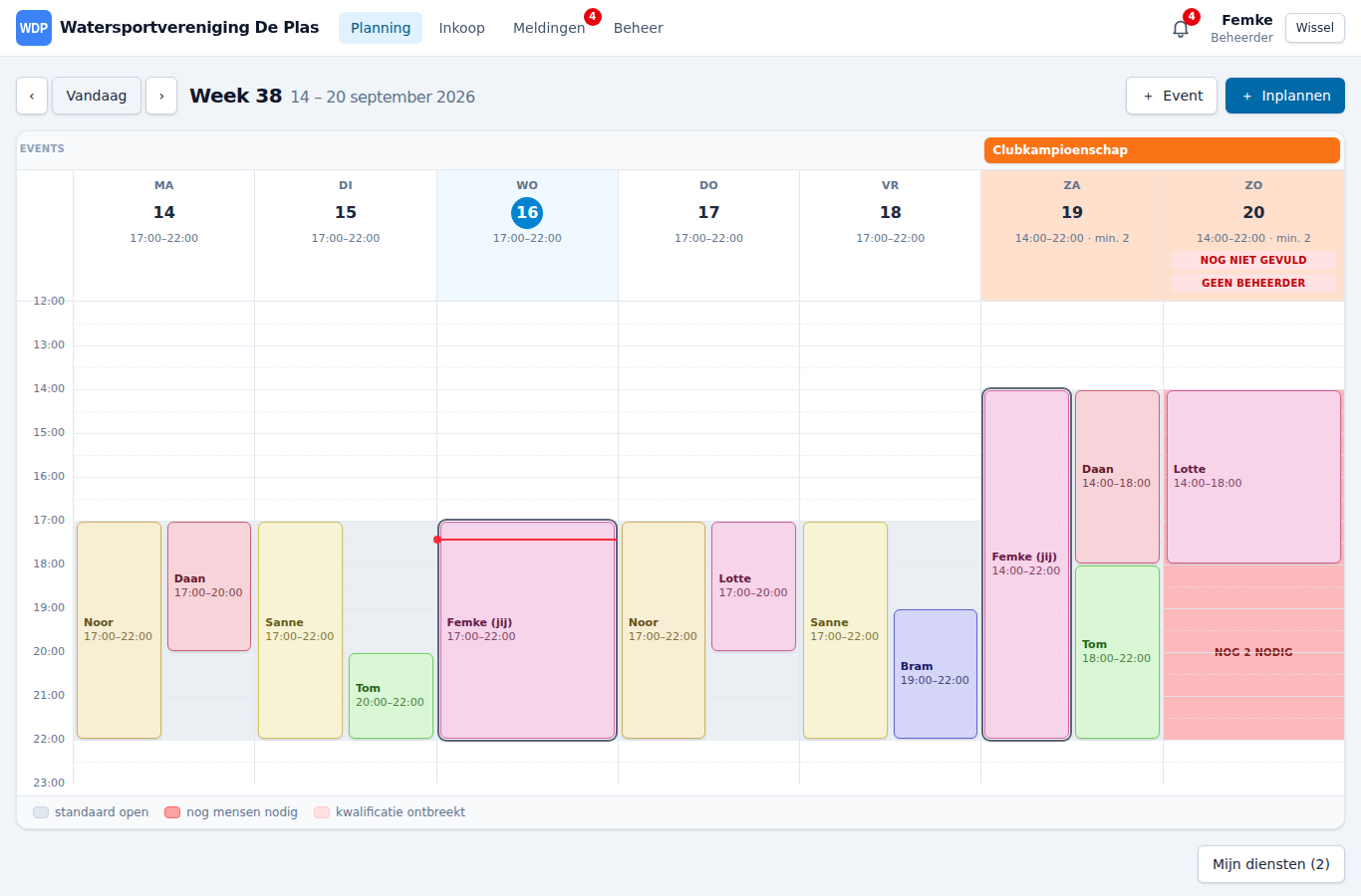 Weekrooster met diensten per dag; zondagavond is nog niet gevuld